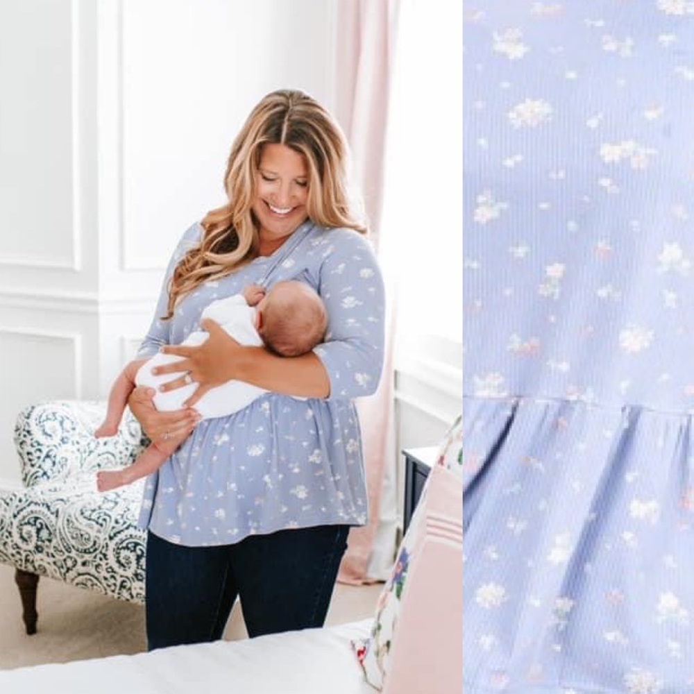 NWT 🌸Latched Mama🌸 3/4 Sleeve Babydoll Tee in Powder Blue Floral